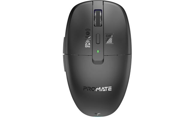 Promate Flixi Triple Mode Wireless Mouse with Bluetooth 5.1, Dual 2.4GHz USB-A & USB-C Dongles, 800/1200/1600 DPI, Silent Clicks, 500mAh Battery, 7-Color LED, Type-C Charging, 10m Range - Black